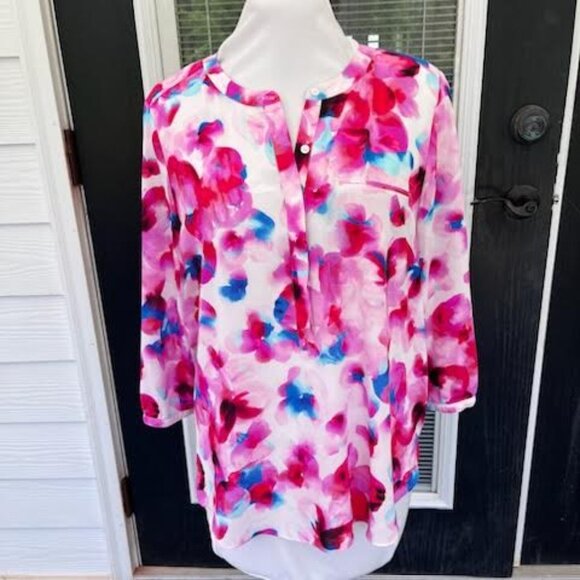 NYDJ Tops - NYDJ White Blouse with Pink and Blue Watercolor Floral Print